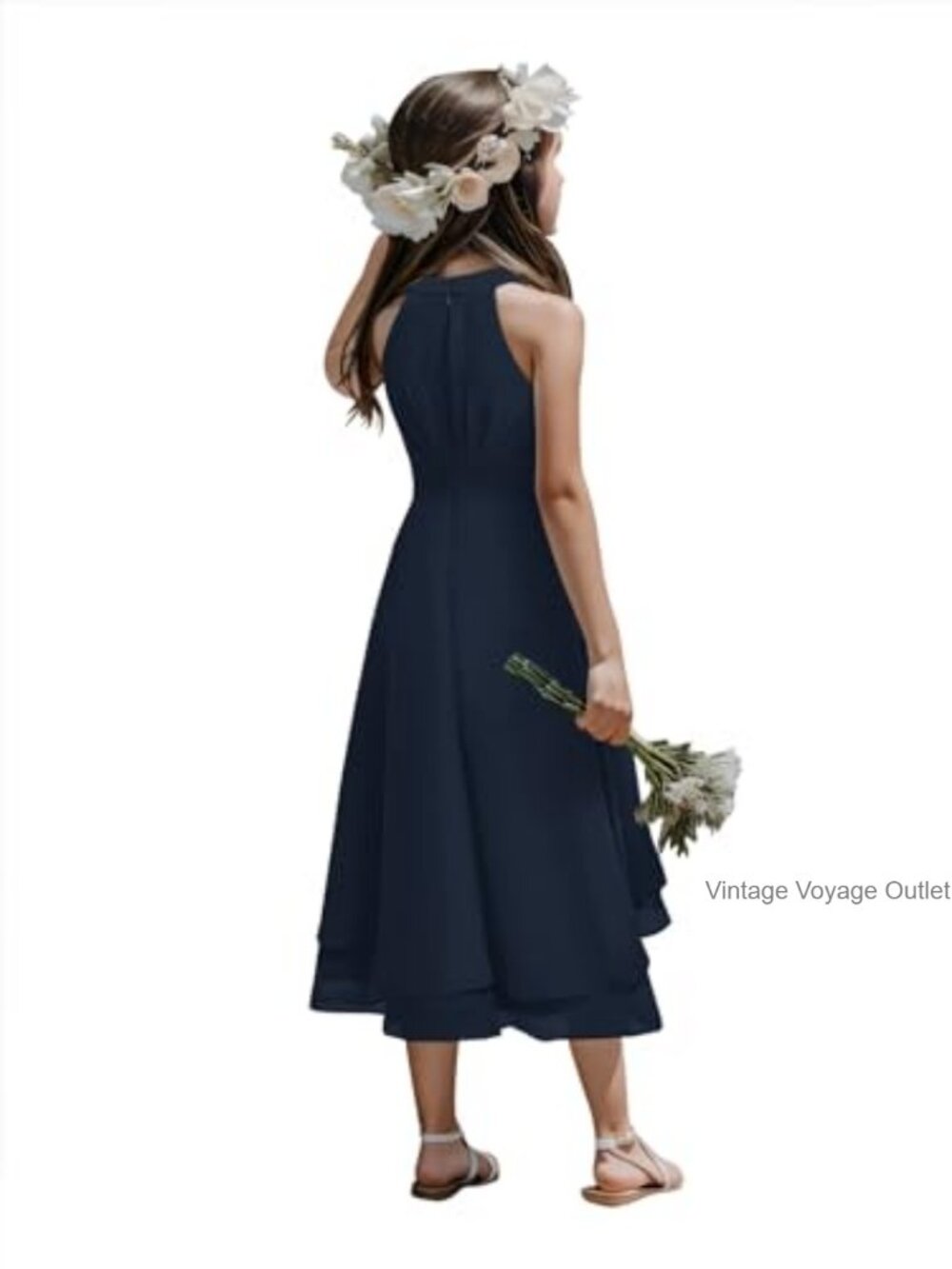 Girls Chiffon A-Line Party Dress Sleeveless Ruffled Asymmetrical Knee-Length - Picture 4 of 7